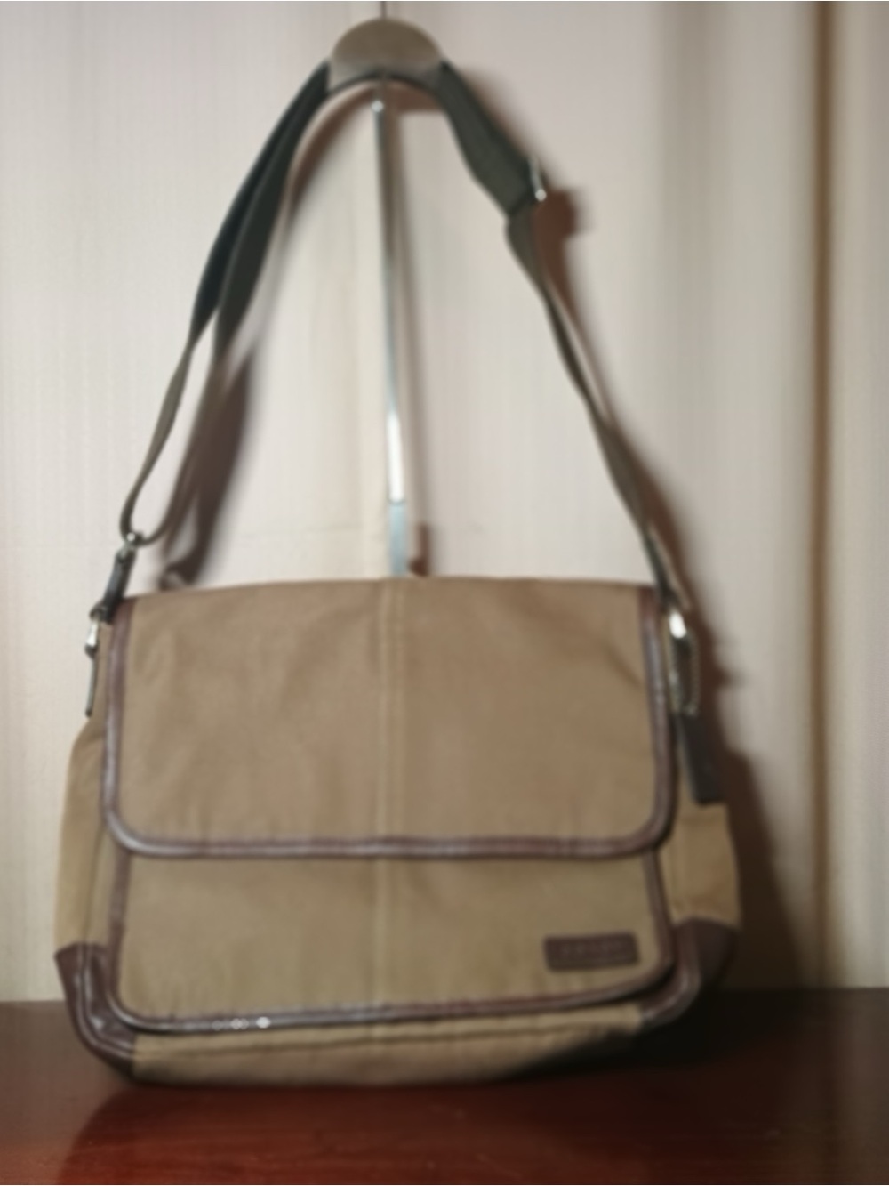 Coach Khaki Canvas Messenger Bag with Brown Trim